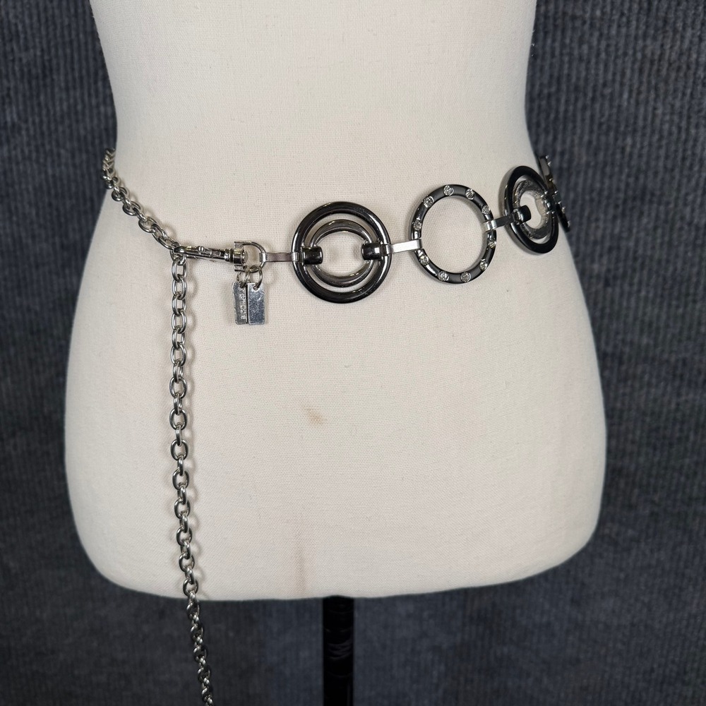 Chicos Chain Belt Gunmetal Silver Rhinestone Geo Festival Retro Y2K Hippie Glam